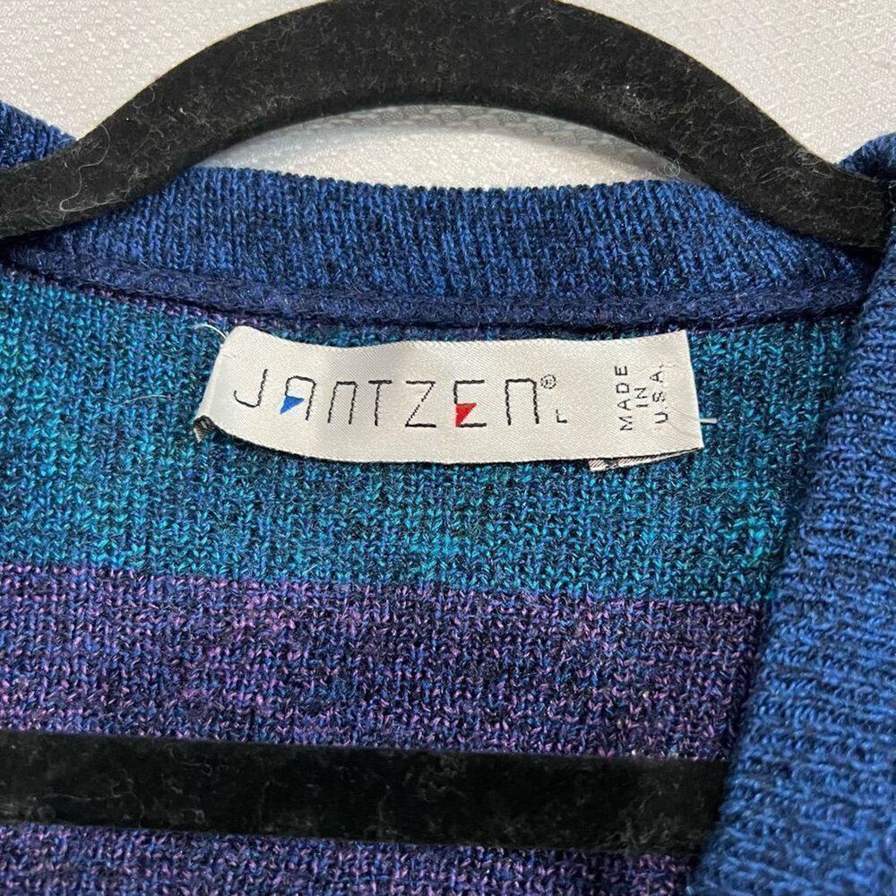 Vintage Jantzen Blue Turquoise Zigzag V Neck Grandpa Sweater Sz L - Picture 3 of 6
